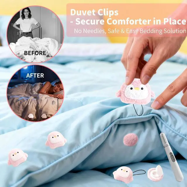 Alt view image 4 of 6 - 8 Pcs Duvet Clips with Pins Quilt Fixer,Non-Slip Duvet Cover Clips,Duvet Clips to Hold Comforter Inside,No NeedlesPenguin Pattern(Inc Hook Tool,Storage Box)(Pink)