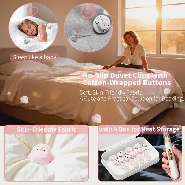 Alt view image 5 of 6 - 8 Pcs Duvet Clips with Pins Quilt Fixer,Non-Slip Duvet Cover Clips,Duvet Clips to Hold Comforter Inside,No NeedlesPenguin Pattern(Inc Hook Tool,Storage Box)(Pink)