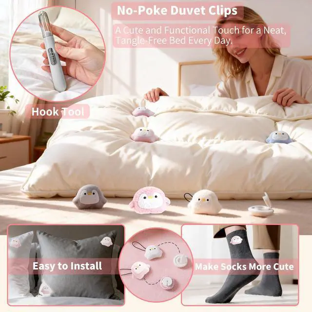 Alt view image 6 of 6 - 8 Pcs Duvet Clips with Pins Quilt Fixer,Non-Slip Duvet Cover Clips,Duvet Clips to Hold Comforter Inside,No NeedlesPenguin Pattern(Inc Hook Tool,Storage Box)(Pink)