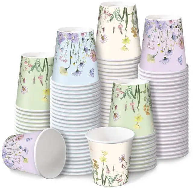 Main image of 2 oz Bathroom Cups, Disposable Paper Cups - 100 Pack Set Wild Flower Design Printed - Mini Mouthwash Rinse Paper Cups for Home, Bathroom, Picnic, Party, and Events