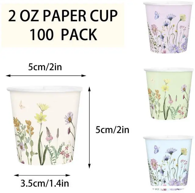 Alt view image 2 of 6 - 2 oz Bathroom Cups, Disposable Paper Cups - 100 Pack Set Wild Flower Design Printed - Mini Mouthwash Rinse Paper Cups for Home, Bathroom, Picnic, Party, and Events