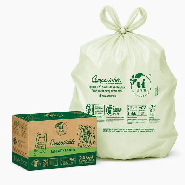 Main image of 2.6 Gallon Compostable Trash Bags with Tie Handles, 50 Count Small Food Scrap Kitchen Compost Bags for Countertop Bin, Certified by BPI, CMA & OK compost HOME, Meets ASTM D6400
