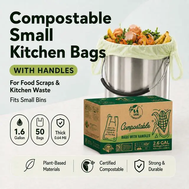 Alt view image 2 of 5 - 2.6 Gallon Compostable Trash Bags with Tie Handles, 50 Count Small Food Scrap Kitchen Compost Bags for Countertop Bin, Certified by BPI, CMA & OK compost HOME, Meets ASTM D6400
