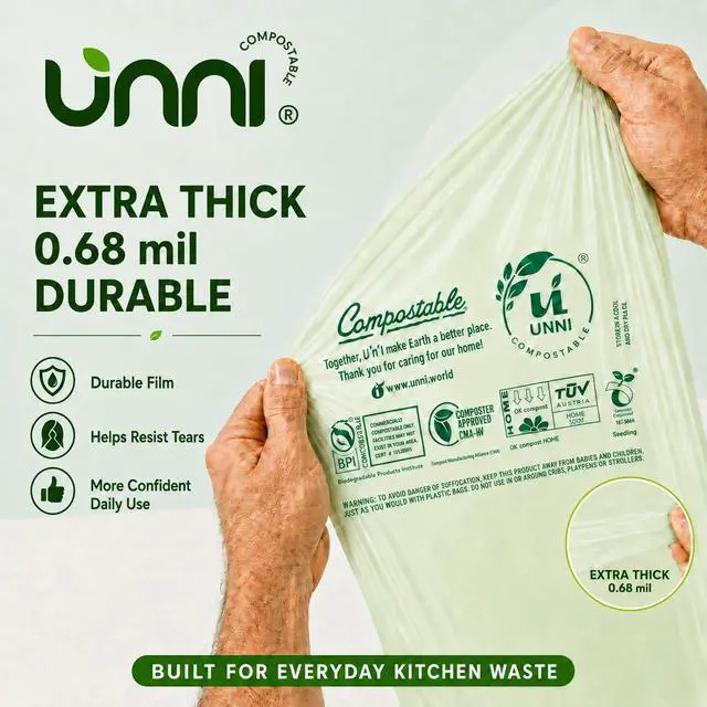 Alt view image 3 of 5 - 2.6 Gallon Compostable Trash Bags with Tie Handles, 50 Count Small Food Scrap Kitchen Compost Bags for Countertop Bin, Certified by BPI, CMA & OK compost HOME, Meets ASTM D6400