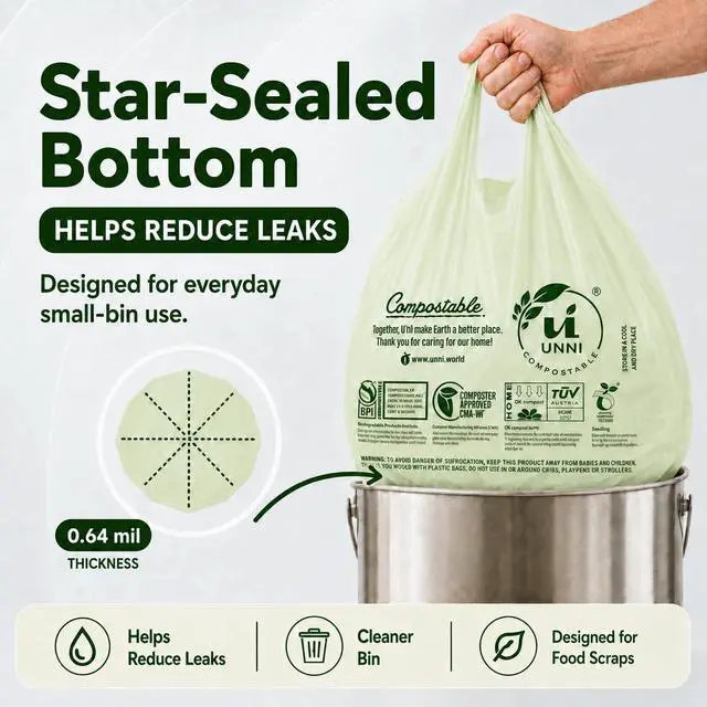 Alt view image 4 of 7 - 1.6 Gallon Compostable Trash Bags with Tie Handles, 50 Count Small Food Scrap Kitchen Compost Bags for Countertop Bin, Certified by BPI, CMA & OK compost HOME, Meets ASTM D6400