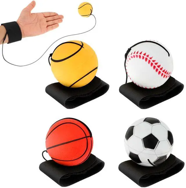 Main image of 4 Pieces Wrist Return Ball - 2 Inch Rubber Rebound Wristband On A String Sports Ball Includes Basketball, Baseball and Football for Teens Adults Exercise or Play (Nomal)