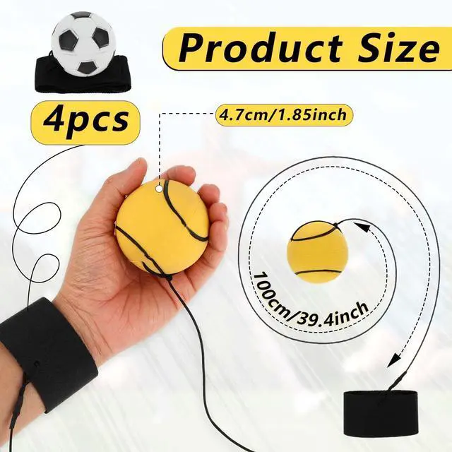 Alt view image 2 of 6 - 4 Pieces Wrist Return Ball - 2 Inch Rubber Rebound Wristband On A String Sports Ball Includes Basketball, Baseball and Football for Teens Adults Exercise or Play (Nomal)