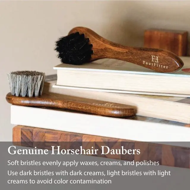 Alt view image 2 of 6 - 6" Horsehair Shoe Shine Dauber Brush, Compact Applicator for Leather Cream, Polish, Buffing & Travel Care (Made in Germany) Grey-Brown