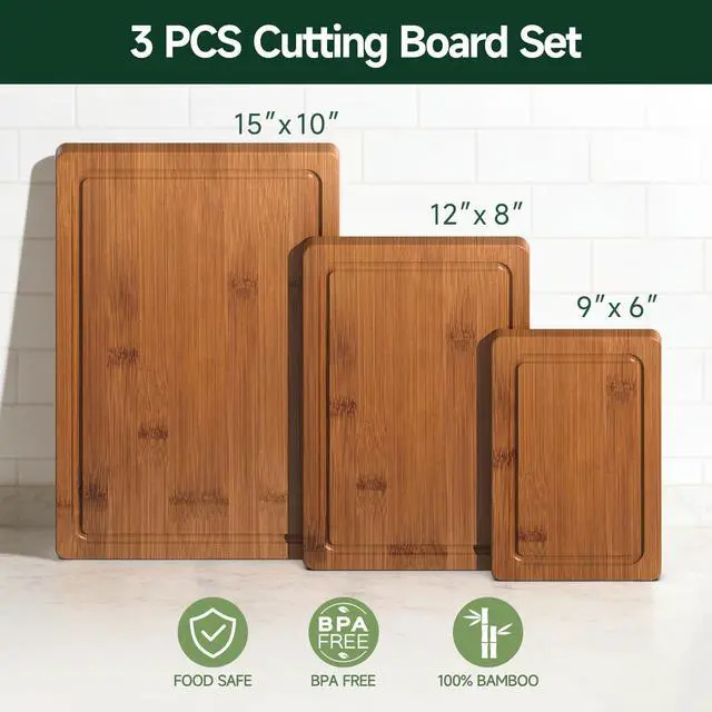 Alt view image 2 of 7 - 3-Piece Set Deep-Carbonized Bamboo Cutting Board for Kitchen - Crack-Resistant Wood Chopping Boards with Deep Juice Grooves, Pre-Oiled Butcher Block for Meat, Vegetables & Cheese, Carbonized