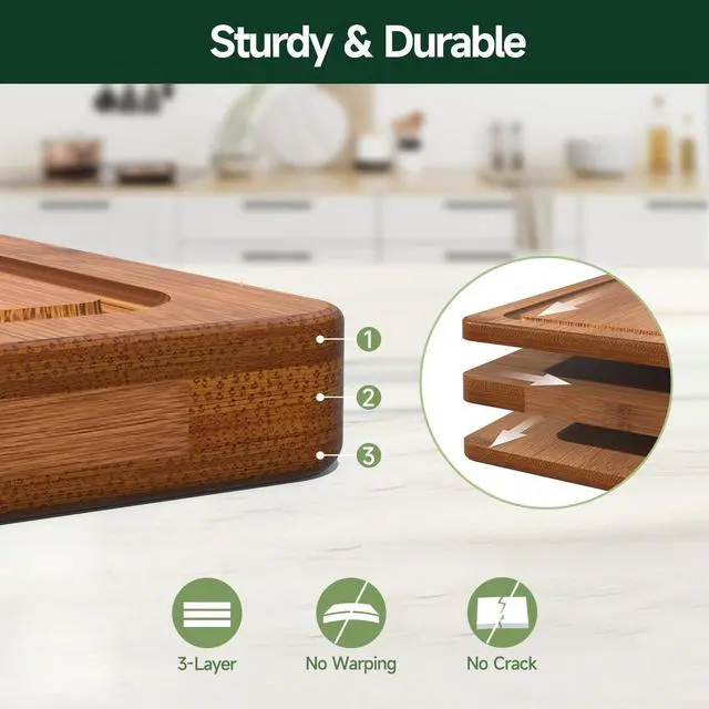 Alt view image 3 of 7 - 3-Piece Set Deep-Carbonized Bamboo Cutting Board for Kitchen - Crack-Resistant Wood Chopping Boards with Deep Juice Grooves, Pre-Oiled Butcher Block for Meat, Vegetables & Cheese, Carbonized