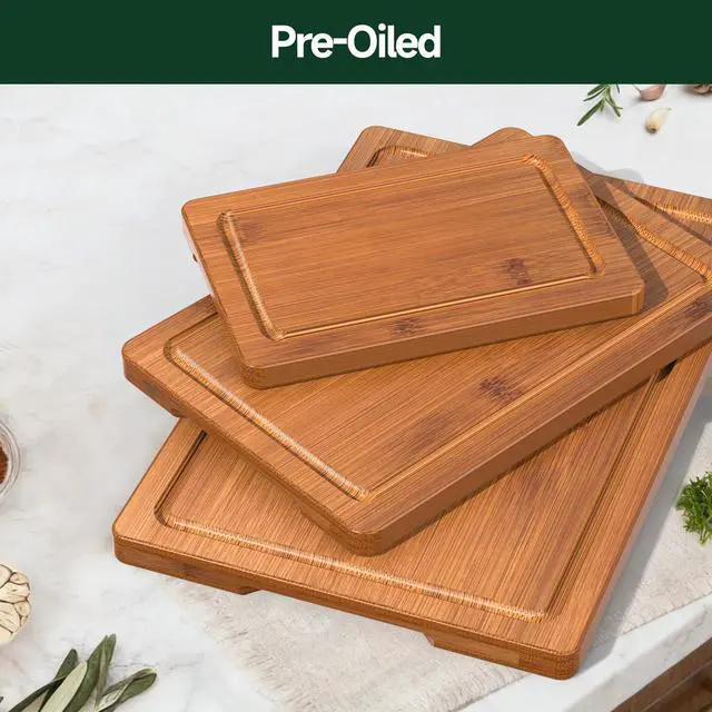 Alt view image 6 of 7 - 3-Piece Set Deep-Carbonized Bamboo Cutting Board for Kitchen - Crack-Resistant Wood Chopping Boards with Deep Juice Grooves, Pre-Oiled Butcher Block for Meat, Vegetables & Cheese, Carbonized
