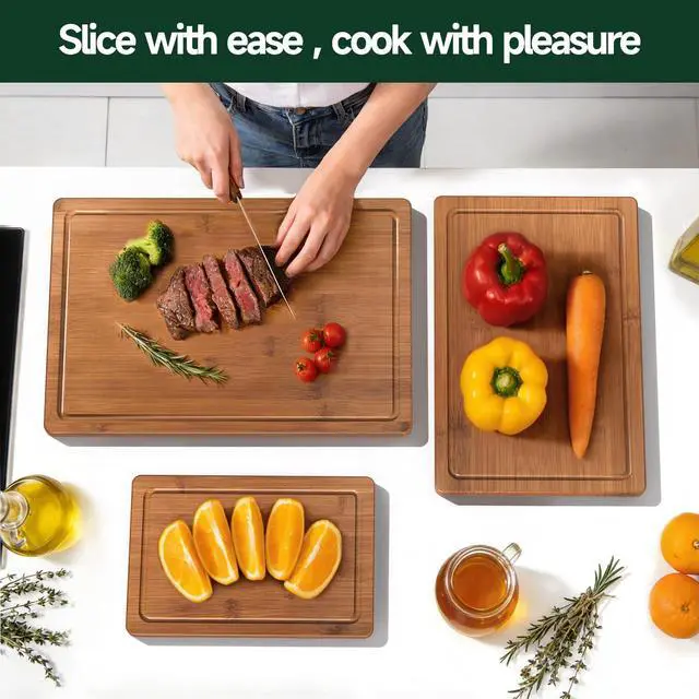 Alt view image 7 of 7 - 3-Piece Set Deep-Carbonized Bamboo Cutting Board for Kitchen - Crack-Resistant Wood Chopping Boards with Deep Juice Grooves, Pre-Oiled Butcher Block for Meat, Vegetables & Cheese, Carbonized