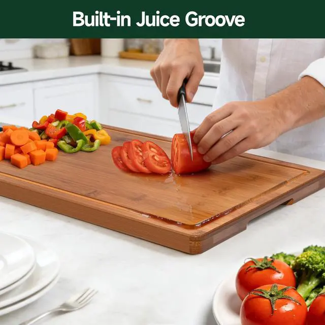 Alt view image 4 of 7 - 3-Piece Set Deep-Carbonized Bamboo Cutting Board for Kitchen - Crack-Resistant Wood Chopping Boards with Deep Juice Grooves, Pre-Oiled Butcher Block for Meat, Vegetables & Cheese, Carbonized