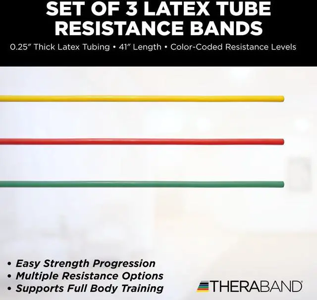 Alt view image 2 of 7 - Resistance Tubes, Begginer Set, Yellow, Red, and Green, 5 ft Latex Tubing, Home or Clinic Use, Cut-to-Fit, Color-Coded Resistance Bands for Upper & Lower Body Workouts