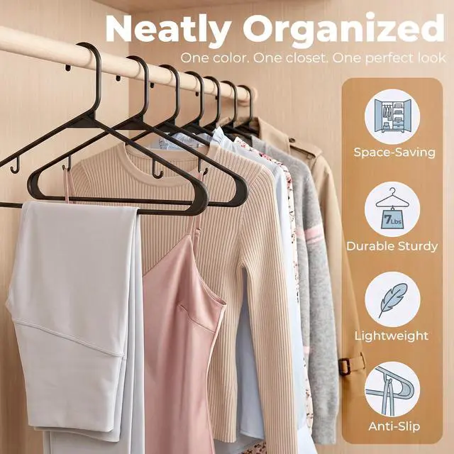 Alt view image 2 of 7 - Black Plastic Hangers 10 Pack, Plastic Clothes Hangers with Built-in Hooks, Durable and Strong Coat Hanger for Closet, Space Saving Clothing Hanger for Shirts, Coats, Skirt, Dress