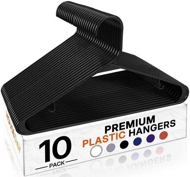 Main image of Black Plastic Hangers 10 Pack, Plastic Clothes Hangers with Built-in Hooks, Durable and Strong Coat Hanger for Closet, Space Saving Clothing Hanger for Shirts, Coats, Skirt, Dress