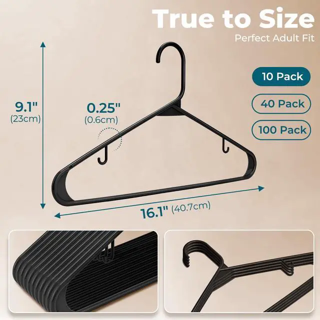 Alt view image 3 of 7 - Black Plastic Hangers 10 Pack, Plastic Clothes Hangers with Built-in Hooks, Durable and Strong Coat Hanger for Closet, Space Saving Clothing Hanger for Shirts, Coats, Skirt, Dress