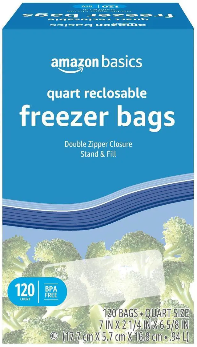 Main image of Reclosable Freezer Quart Food Storage Bags with Zipper Seal, BPA Free, Stand and Fill, Airtight, 120 Count (Previously Solimo)