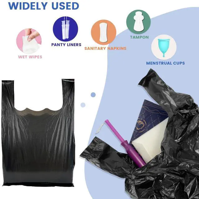 Alt view image 4 of 6 - Personal Disposal Sanitary Napkin Bags, Black Little Waste Bags, 200 Pack, Disposable Plastic Trash Bags with Handles for Feminine Tampons Hygiene Products