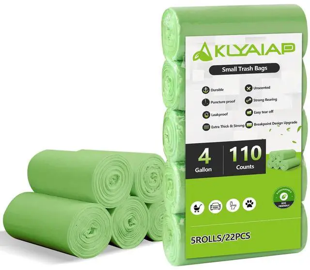 Main image of 110 Counts Aklyaiap Small Trash Bags Biodegradable, Extra Thick & Strong 4 Gallon Trash Bag Green, Unscented Small Garbage Bags, Easy Tearing Waste Basket Liners for Kitchen, Bathroom, Bedroom, Office