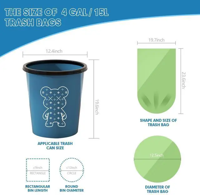 Alt view image 7 of 7 - 110 Counts Aklyaiap Small Trash Bags Biodegradable, Extra Thick & Strong 4 Gallon Trash Bag Green, Unscented Small Garbage Bags, Easy Tearing Waste Basket Liners for Kitchen, Bathroom, Bedroom, Office