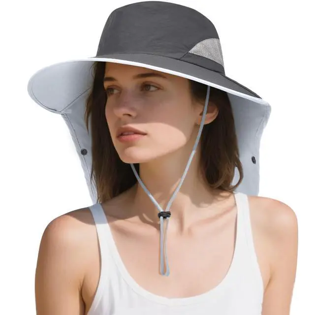 Alt view image 3 of 7 - Womens Sun Hat Wide Brim UPF50+ Outdoor Sun Protection Ladies Fishing Hat with Neck Flap Detachable Face Cover (US, Alpha, One Size, Dark Grey)
