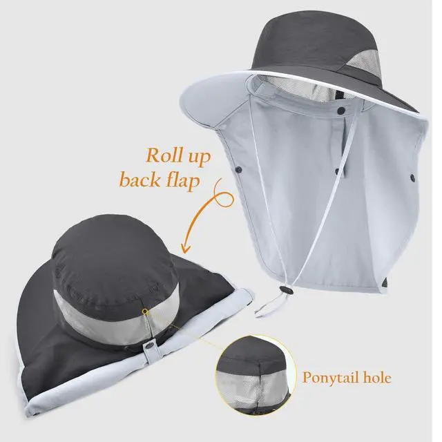 Alt view image 7 of 7 - Womens Sun Hat Wide Brim UPF50+ Outdoor Sun Protection Ladies Fishing Hat with Neck Flap Detachable Face Cover (US, Alpha, One Size, Dark Grey)