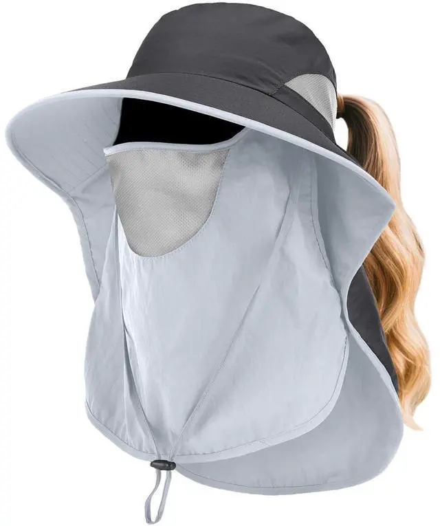 Main image of Womens Sun Hat Wide Brim UPF50+ Outdoor Sun Protection Ladies Fishing Hat with Neck Flap Detachable Face Cover (US, Alpha, One Size, Dark Grey)