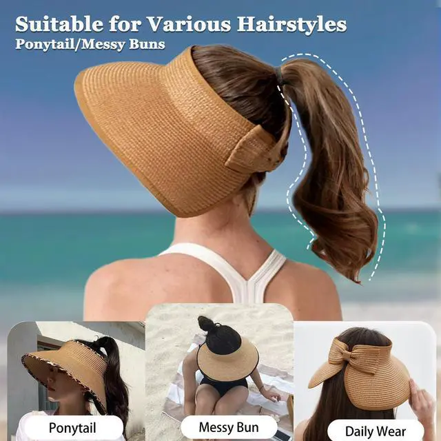 Alt view image 3 of 6 - Women's Sun Visor Hats Wide Brim Straw Beach Hat Ponytail Hats for Women Foldable Floppy