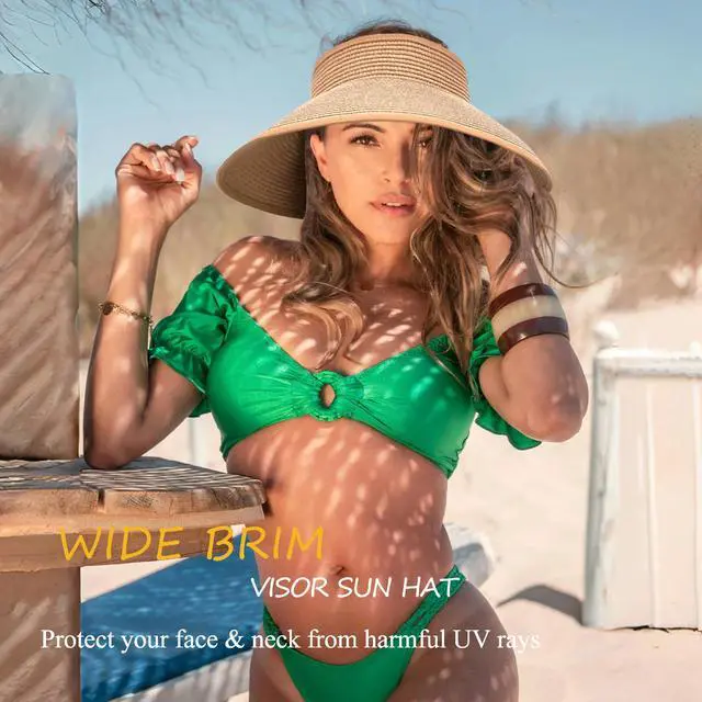 Alt view image 4 of 6 - Women's Sun Visor Hats Wide Brim Straw Beach Hat Ponytail Hats for Women Foldable Floppy