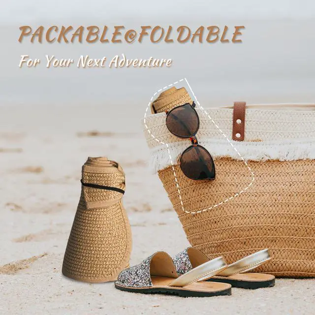 Alt view image 5 of 6 - Women's Sun Visor Hats Wide Brim Straw Beach Hat Ponytail Hats for Women Foldable Floppy