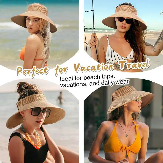 Alt view image 6 of 6 - Women's Sun Visor Hats Wide Brim Straw Beach Hat Ponytail Hats for Women Foldable Floppy