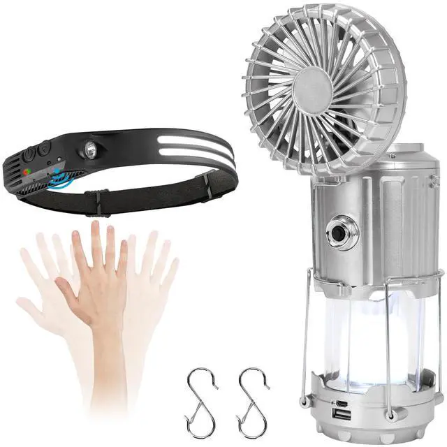 Main image of Camping Light Set, Headlamp with Motion Sensor & Solar Camping Fan Lantern, 230° COB Headlamp and 5-in-1 Rechargeable LED Lantern with Fan, Phone Charger for Hiking, Emergency, Outdoor Gear,Silver