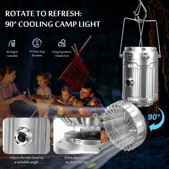 Alt view image 4 of 7 - Camping Light Set, Headlamp with Motion Sensor & Solar Camping Fan Lantern, 230° COB Headlamp and 5-in-1 Rechargeable LED Lantern with Fan, Phone Charger for Hiking, Emergency, Outdoor Gear,Silver