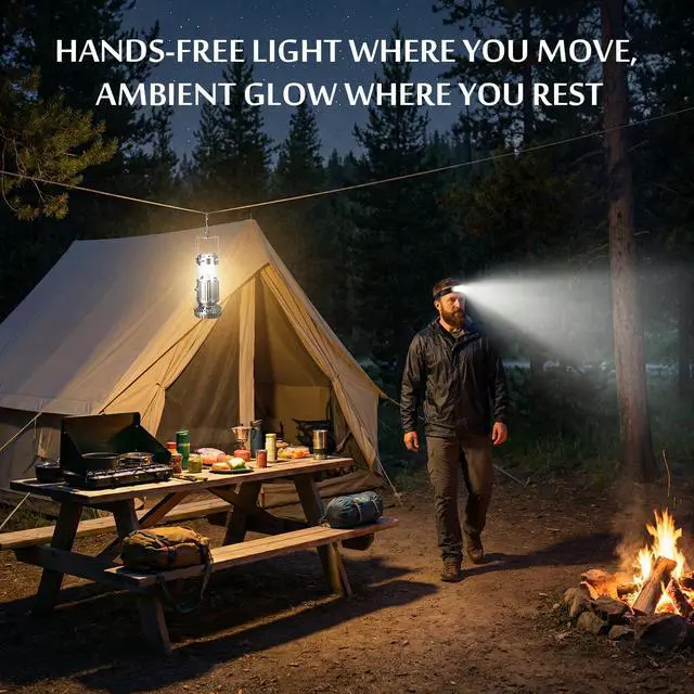 Alt view image 7 of 7 - Camping Light Set, Headlamp with Motion Sensor & Solar Camping Fan Lantern, 230° COB Headlamp and 5-in-1 Rechargeable LED Lantern with Fan, Phone Charger for Hiking, Emergency, Outdoor Gear,Silver