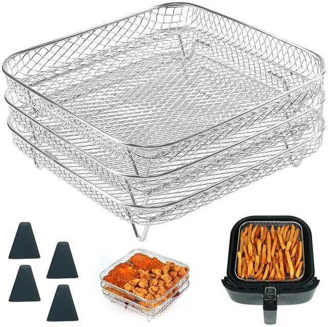 Main image of 8 inch Square Air Fryer Rack, 3pcs Stackable Stainless Steel Dehydrator Rack with Silicon Feet, Square Air Fryer Accessories for Cosori, Instant Vortex, Ninja Pro XL 6.5 QT AF181 & More