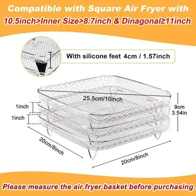 Alt view image 2 of 7 - 8 inch Square Air Fryer Rack, 3pcs Stackable Stainless Steel Dehydrator Rack with Silicon Feet, Square Air Fryer Accessories for Cosori, Instant Vortex, Ninja Pro XL 6.5 QT AF181 & More