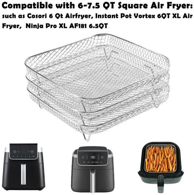 Alt view image 3 of 7 - 8 inch Square Air Fryer Rack, 3pcs Stackable Stainless Steel Dehydrator Rack with Silicon Feet, Square Air Fryer Accessories for Cosori, Instant Vortex, Ninja Pro XL 6.5 QT AF181 & More