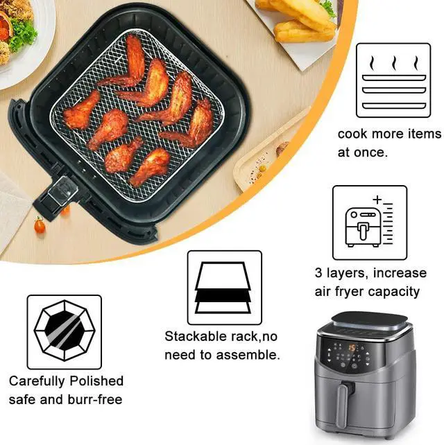 Alt view image 4 of 7 - 8 inch Square Air Fryer Rack, 3pcs Stackable Stainless Steel Dehydrator Rack with Silicon Feet, Square Air Fryer Accessories for Cosori, Instant Vortex, Ninja Pro XL 6.5 QT AF181 & More