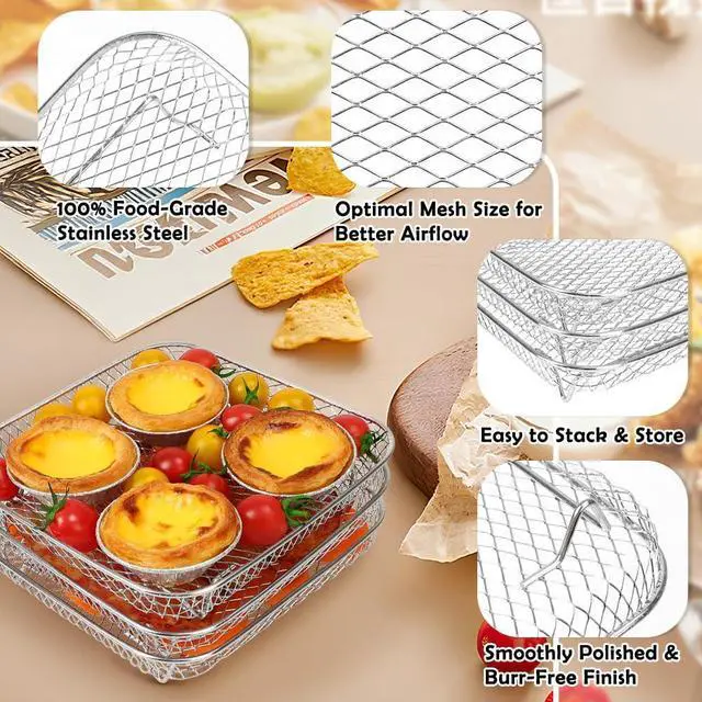 Alt view image 7 of 7 - 8 inch Square Air Fryer Rack, 3pcs Stackable Stainless Steel Dehydrator Rack with Silicon Feet, Square Air Fryer Accessories for Cosori, Instant Vortex, Ninja Pro XL 6.5 QT AF181 & More