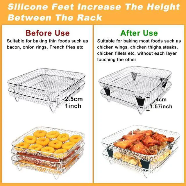 Alt view image 6 of 7 - 8 inch Square Air Fryer Rack, 3pcs Stackable Stainless Steel Dehydrator Rack with Silicon Feet, Square Air Fryer Accessories for Cosori, Instant Vortex, Ninja Pro XL 6.5 QT AF181 & More