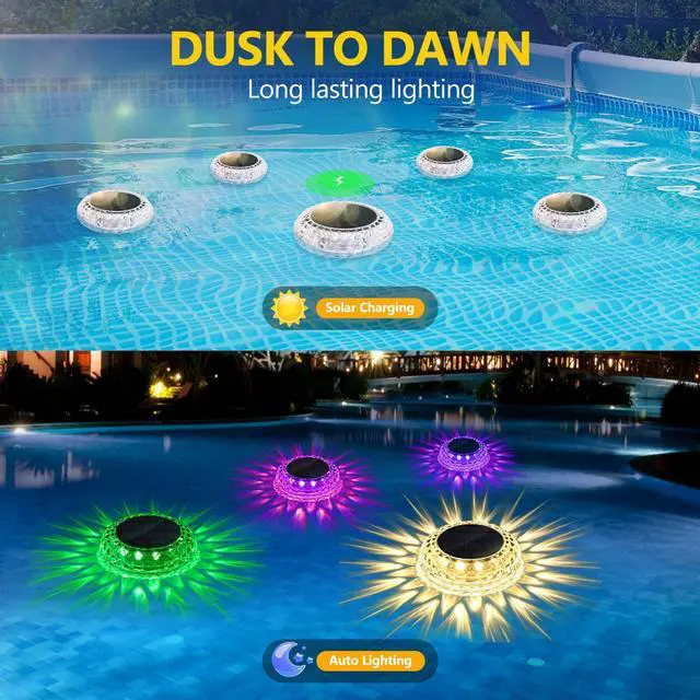 Alt view image 2 of 7 - Solar Floating Solar Pool Lights for Party, 2 Pack Color Changing with 2 Modes (Fade & Steady), IP67 Waterproof, Ideal for Inground Pool, Above Ground Pool, Pond, Bathtub Decor