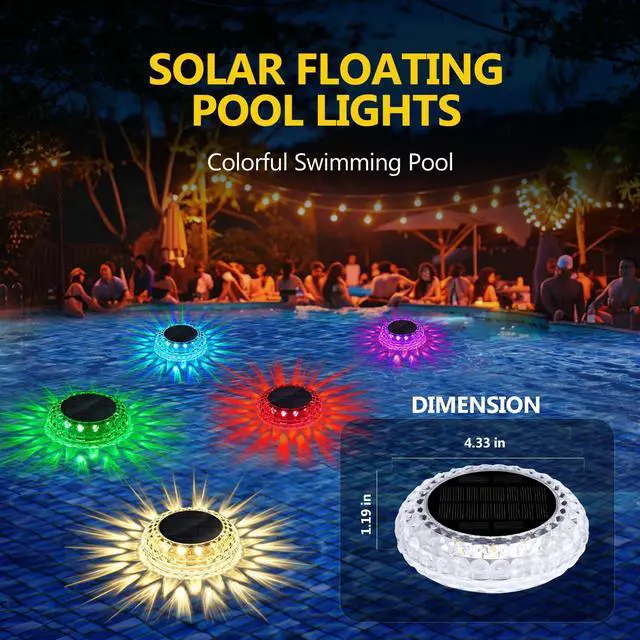 Alt view image 4 of 7 - Solar Floating Solar Pool Lights for Party, 2 Pack Color Changing with 2 Modes (Fade & Steady), IP67 Waterproof, Ideal for Inground Pool, Above Ground Pool, Pond, Bathtub Decor