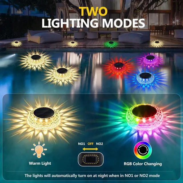 Alt view image 3 of 7 - Solar Floating Solar Pool Lights for Party, 2 Pack Color Changing with 2 Modes (Fade & Steady), IP67 Waterproof, Ideal for Inground Pool, Above Ground Pool, Pond, Bathtub Decor