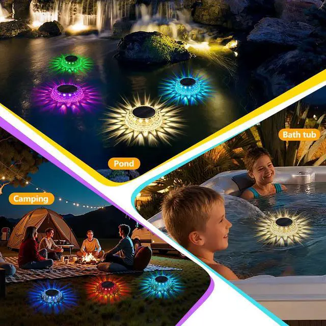 Alt view image 7 of 7 - Solar Floating Solar Pool Lights for Party, 2 Pack Color Changing with 2 Modes (Fade & Steady), IP67 Waterproof, Ideal for Inground Pool, Above Ground Pool, Pond, Bathtub Decor