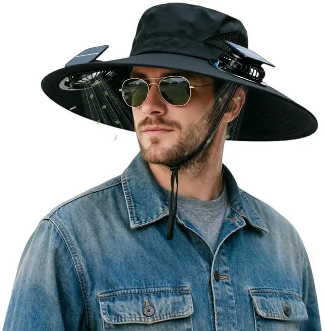 Main image of Solar Fan Hat, Outdoor Wide Brim Sun Hat with 2 Solar Fan for Men Women, Waterproof UPF 50+ Bucket Fishing Beach Cooling Hat for Hiking Camping Black