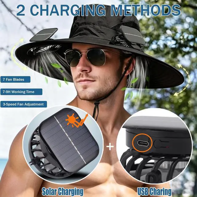 Alt view image 2 of 7 - Solar Fan Hat, Outdoor Wide Brim Sun Hat with 2 Solar Fan for Men Women, Waterproof UPF 50+ Bucket Fishing Beach Cooling Hat for Hiking Camping Black