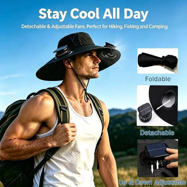 Alt view image 5 of 7 - Solar Fan Hat, Outdoor Wide Brim Sun Hat with 2 Solar Fan for Men Women, Waterproof UPF 50+ Bucket Fishing Beach Cooling Hat for Hiking Camping Black