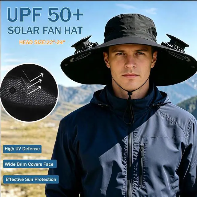 Alt view image 3 of 7 - Solar Fan Hat, Outdoor Wide Brim Sun Hat with 2 Solar Fan for Men Women, Waterproof UPF 50+ Bucket Fishing Beach Cooling Hat for Hiking Camping Black