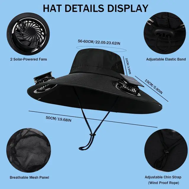 Alt view image 6 of 7 - Solar Fan Hat, Outdoor Wide Brim Sun Hat with 2 Solar Fan for Men Women, Waterproof UPF 50+ Bucket Fishing Beach Cooling Hat for Hiking Camping Black
